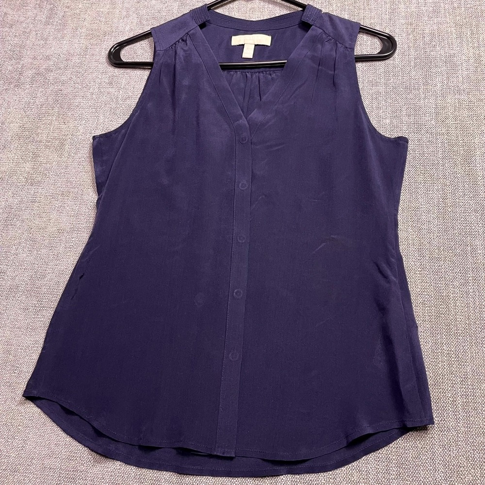 Banana Republic Blouse Top Womens 2XS Petite Navy Blue Silk Pleated Button Front